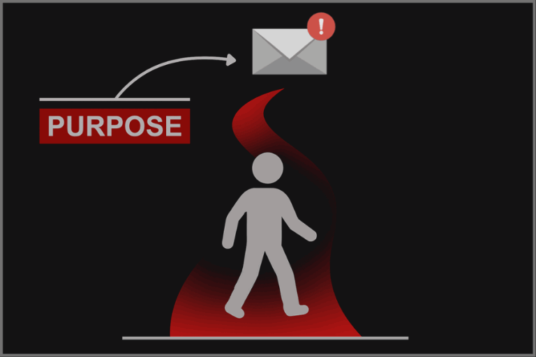 A person walking on a red path toward a glowing star labeled "PURPOSE" with a question mark above it, symbolizing a search for meaning.