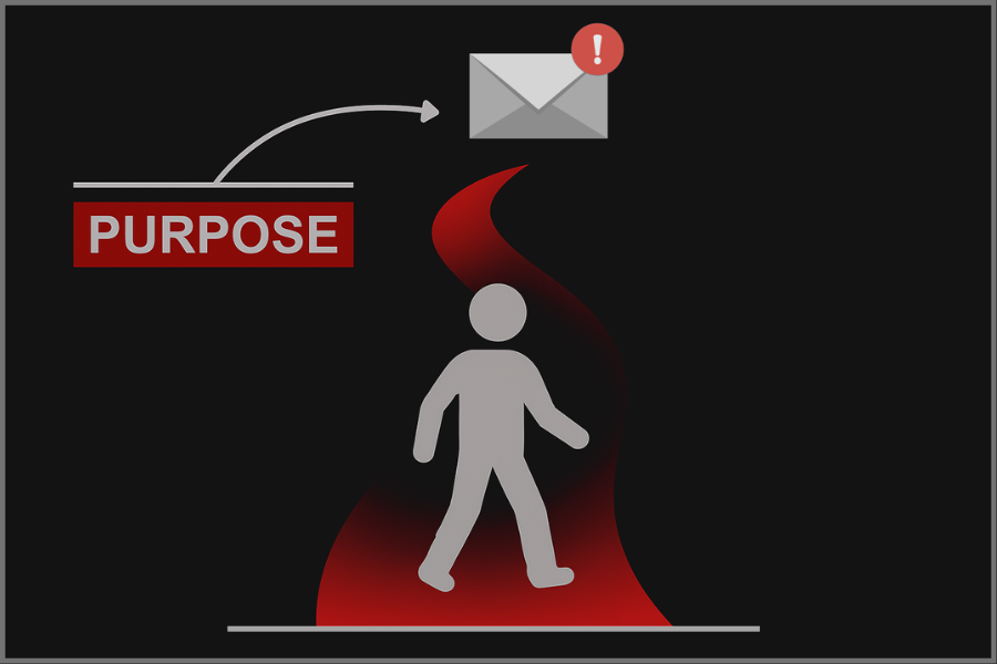 A person walking on a red path toward a glowing star labeled "PURPOSE" with a question mark above it, symbolizing a search for meaning.